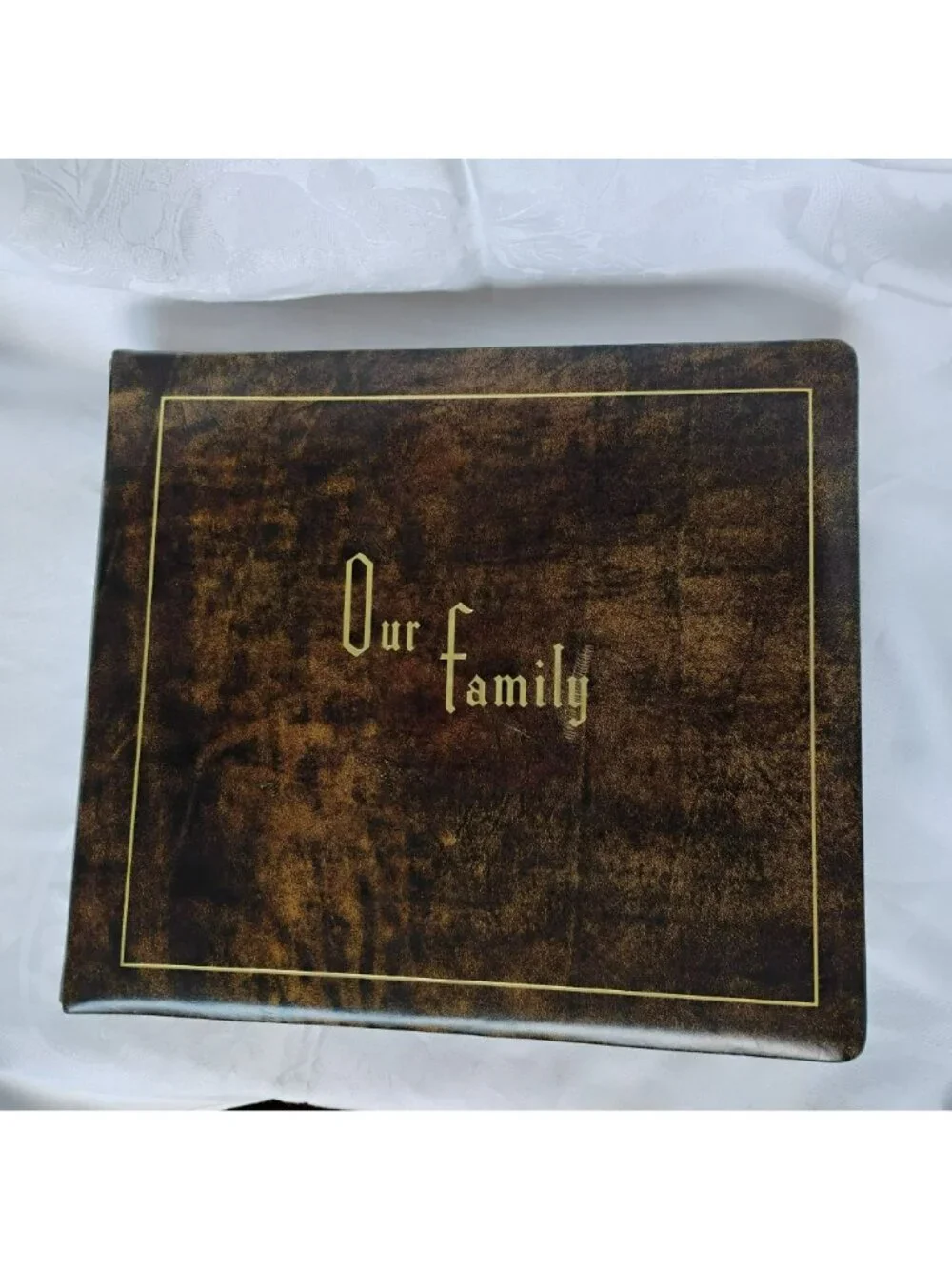 Vintage MCM Our Family Cowhide Leather Photo Album Brass Corners Gold Trim